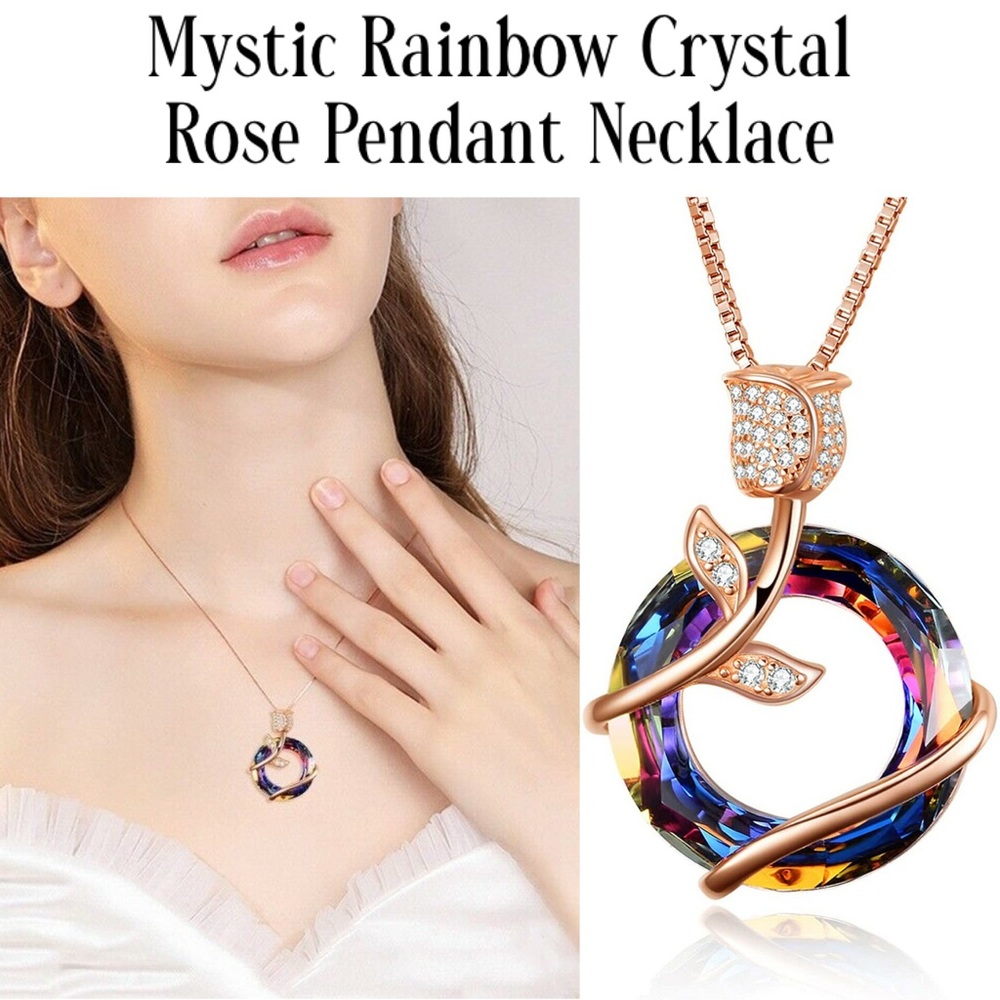 3-$15 Rose Gold Mystic Rainbow Crystal Pendant Necklace